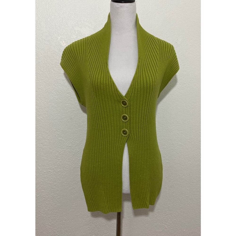 Parkhurst Size S/P Green Ribbed Knit Button Up Vest Cap Sleeve Casual Colorful